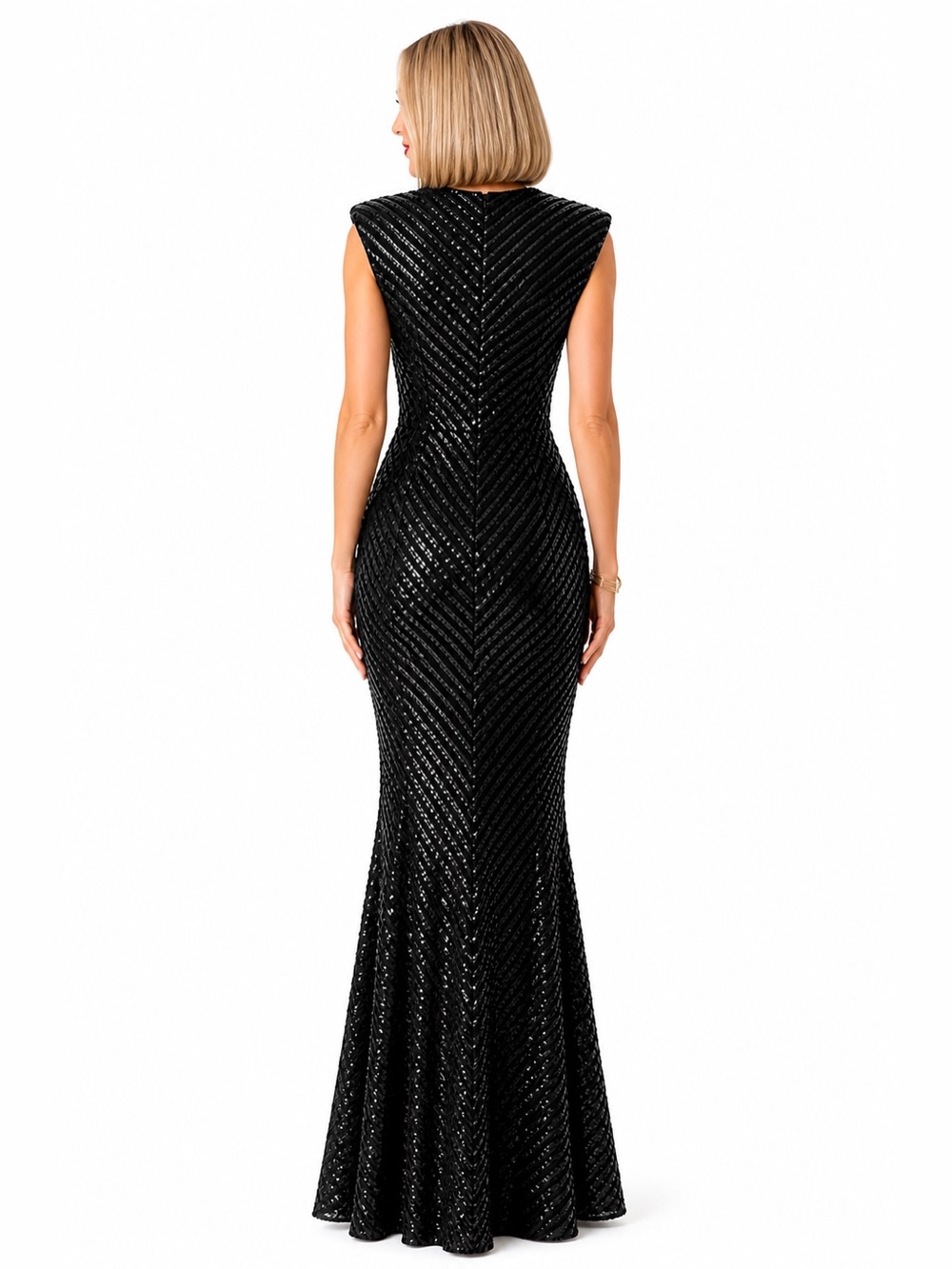 Black Sequin Mermaid Gown Mesh Plunge Formal Dress Size M NovaLuxe - Picture 3 of 6
